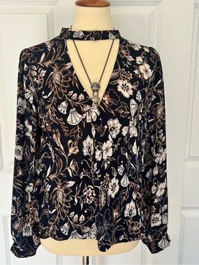 LUSH Navy Floral Choker Neck Long Sleeve Blouse